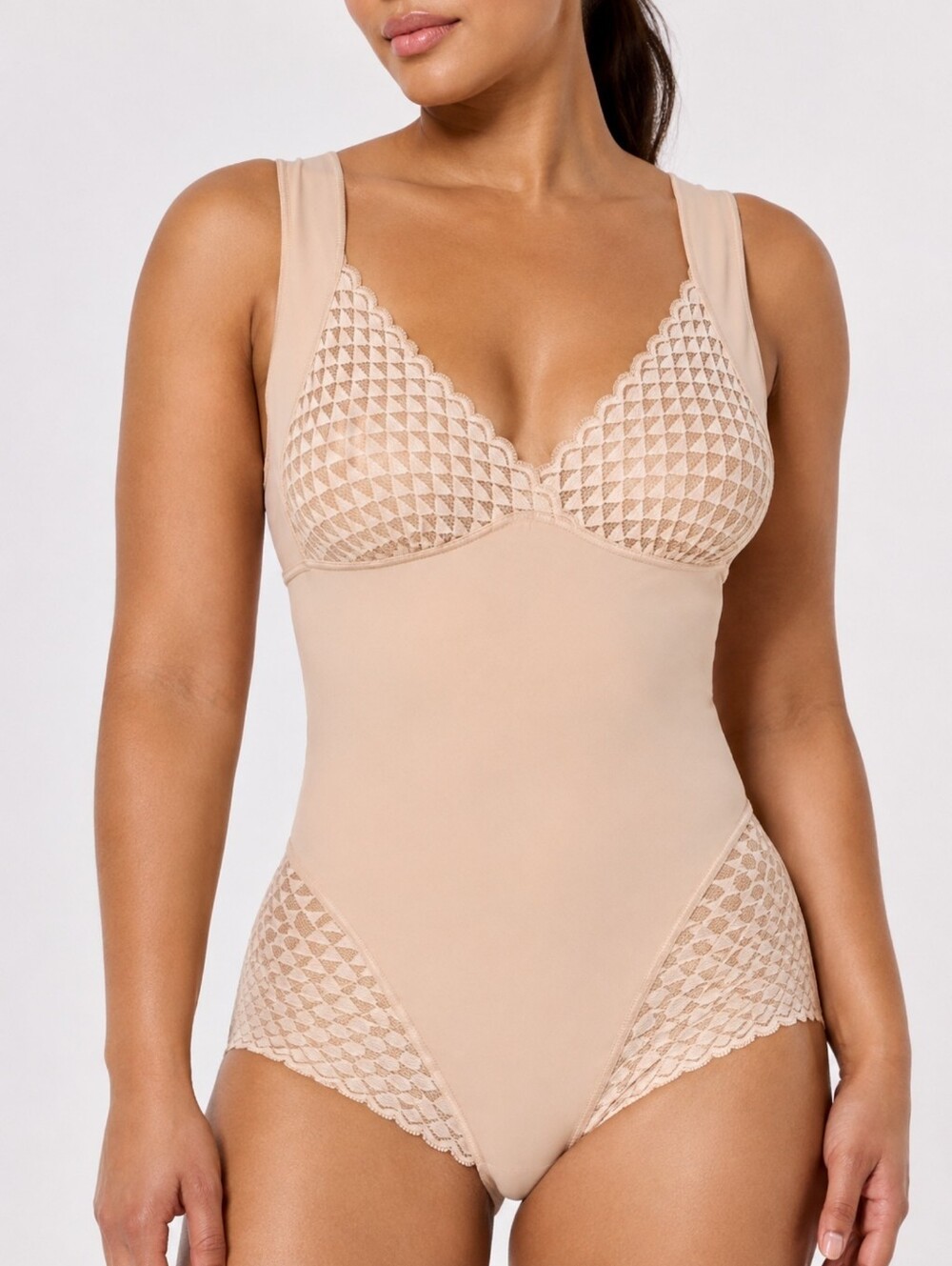 Simone Perele Subtile Shapewear Bodysuit Peau Rose Nude Lace Size 3 Women's M